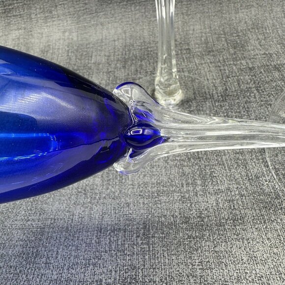 Cobalt Blue Glass Champagne Flutes Clear Tulip Ornate 4 Sided Stem Lot of 2 8" - Picture 6 of 11